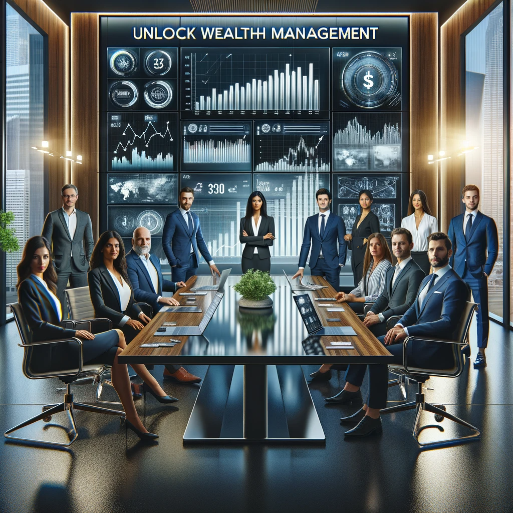 Diverse team of wealth management experts gathered in a modern office, showcasing financial charts and data, symbolizing financial expertise and success.