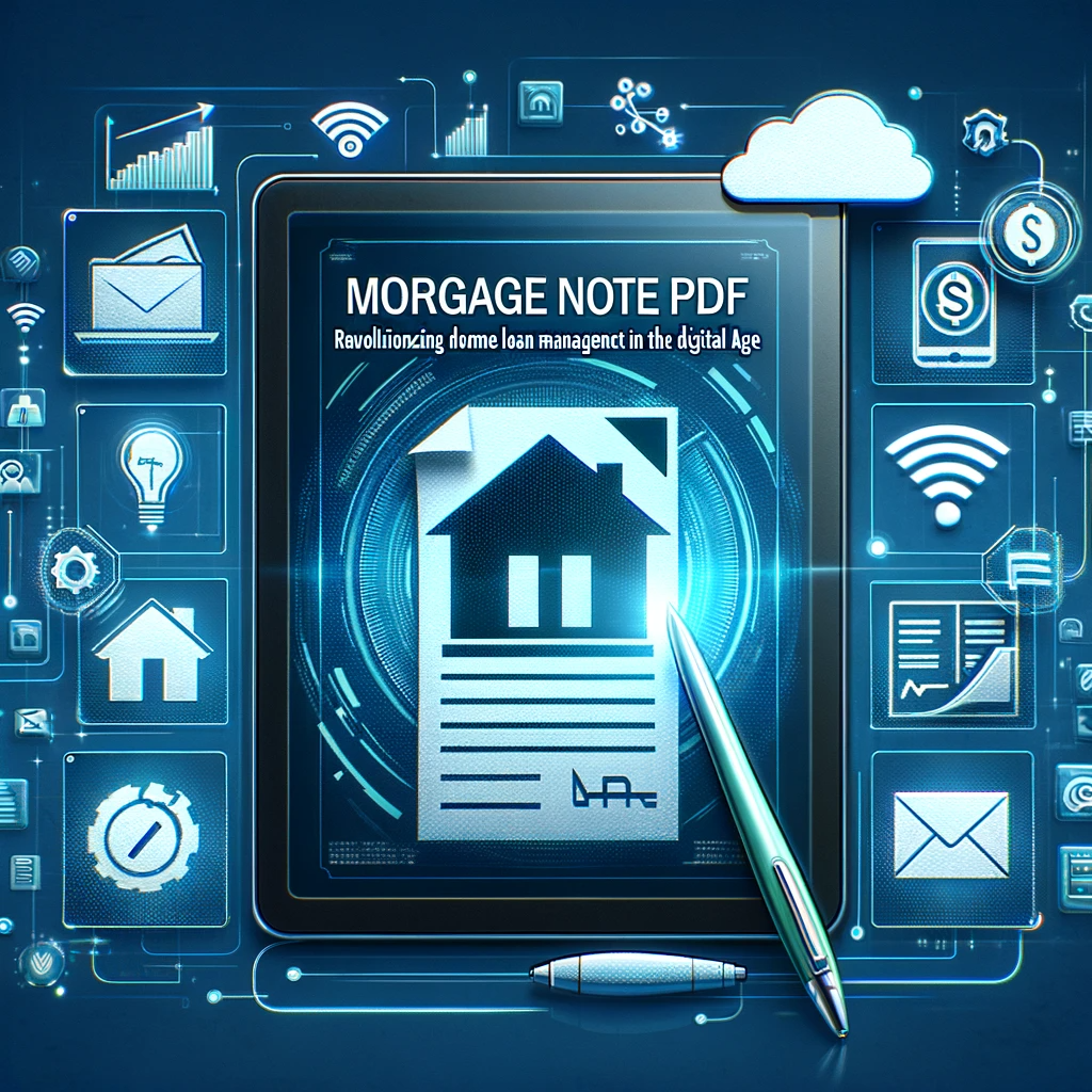 A digital tablet displaying a mortgage notes PDF surrounded by icons of cloud, WiFi, and digital pen, representing the digital transformation in home loan management.