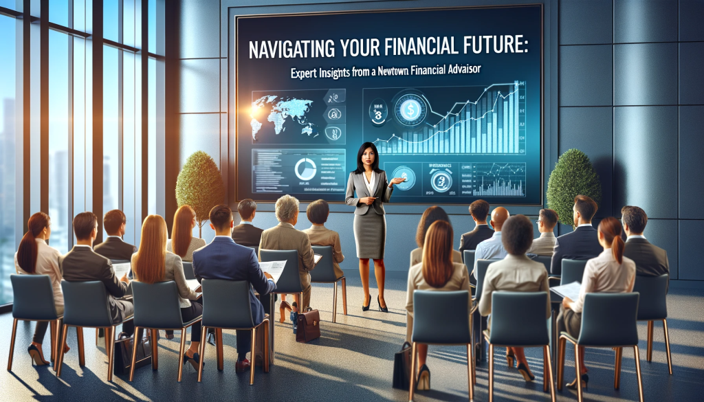 Seminar on 'Navigating Your Financial Future' led by a South Asian financial advisor in a modern conference room, with diverse participants engaging in the presentation.