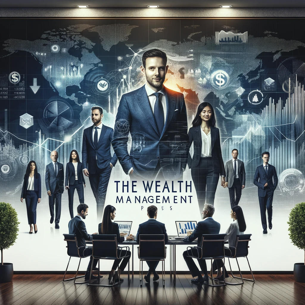 Poster of 'The Wealth Management Experts' with diverse financial advisors and financial charts in a modern office setting.